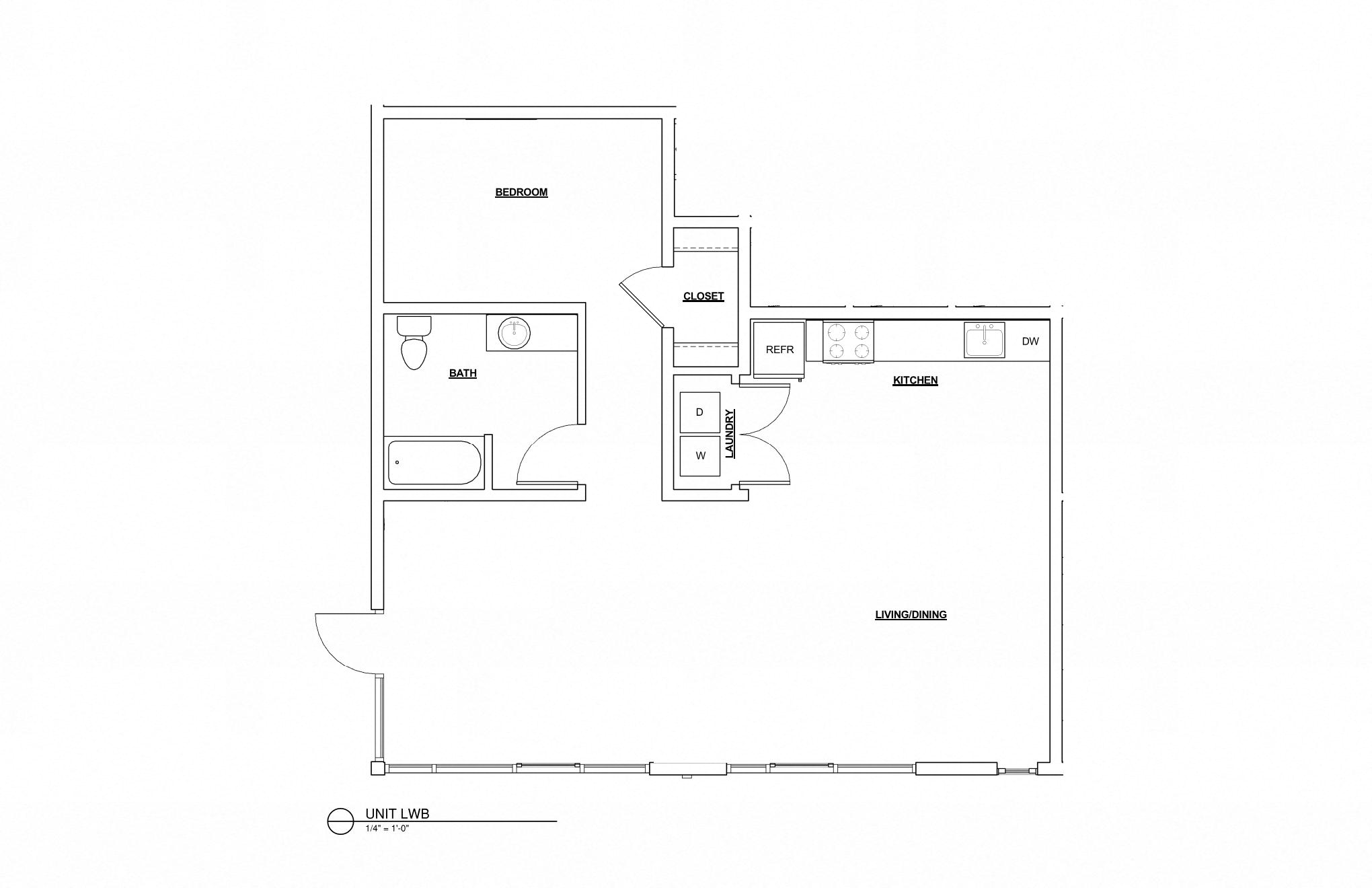 Floor plan for 1 bed, 1 bath, 947 sqft